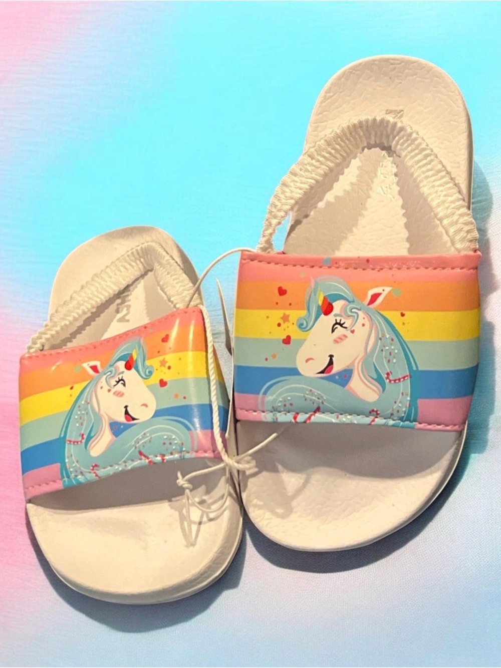 Kids Unicorn Rainbow Slide Sandals - White and Pastel